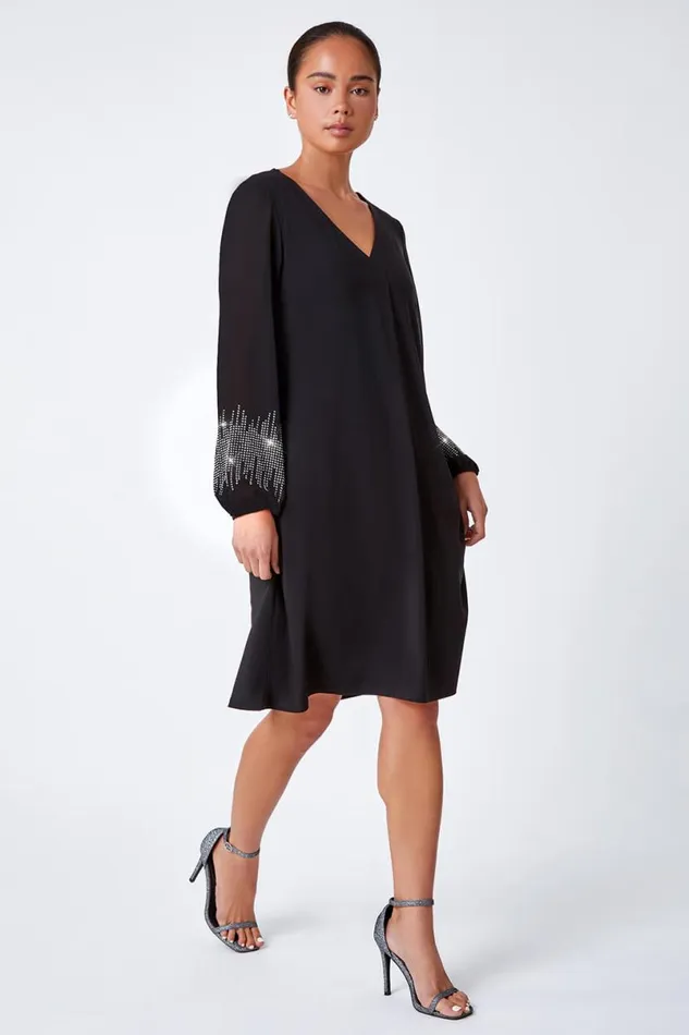 Black Petite Sparkle Sleeve Stretch Dress Women Roman Dresses