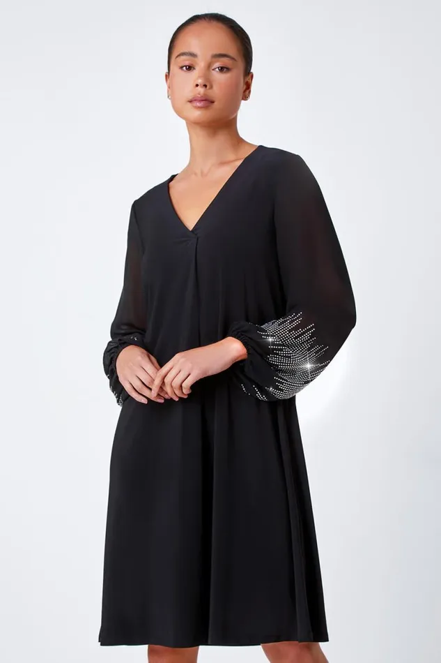 Black Petite Sparkle Sleeve Stretch Dress Women Roman Dresses