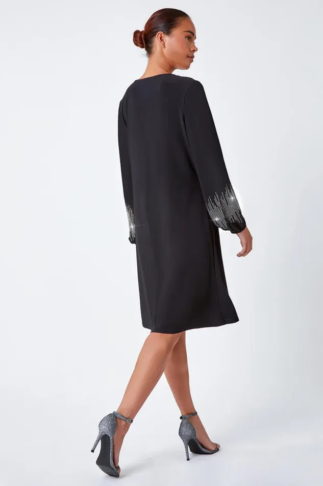 Black Petite Sparkle Sleeve Stretch Dress Women Roman Dresses