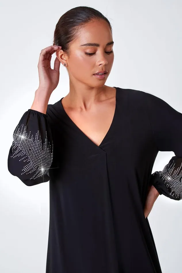 Black Petite Sparkle Sleeve Stretch Dress Women Roman Dresses