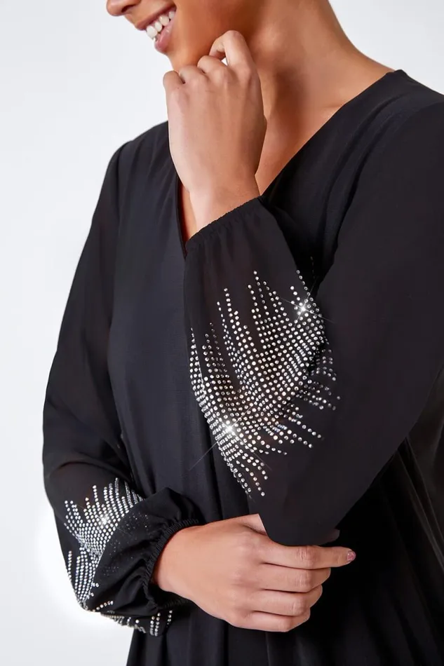 Black Petite Sparkle Sleeve Stretch Dress Women Roman Dresses