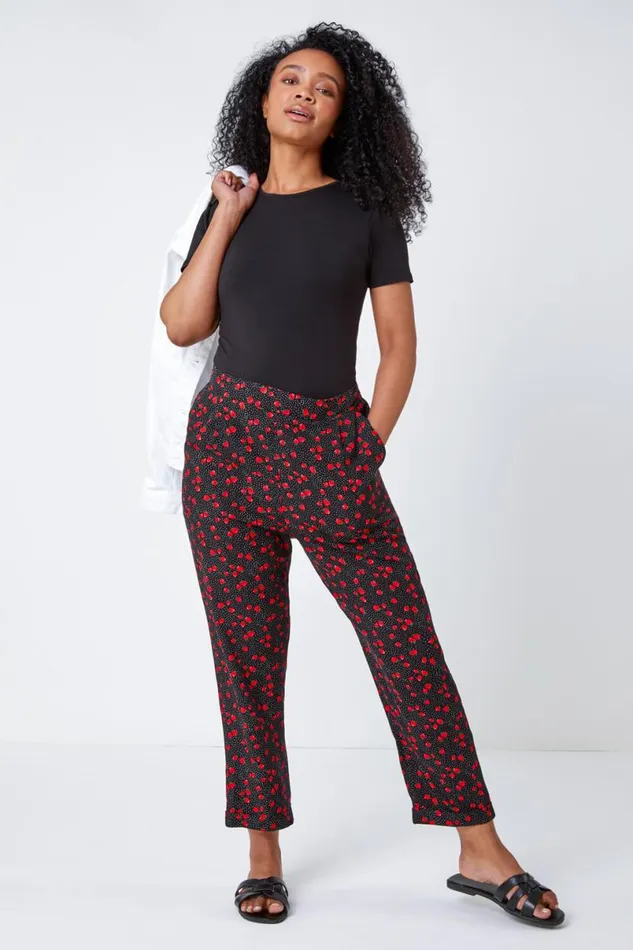 Black Petite Strawberry Tapered Stretch Trousers Women Roman Trousers