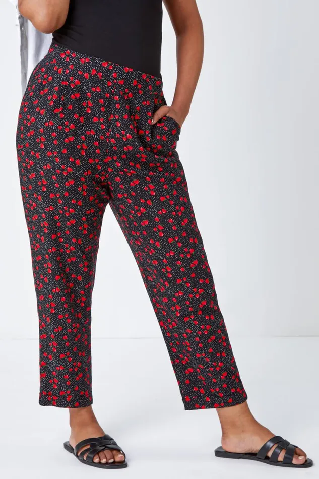 Black Petite Strawberry Tapered Stretch Trousers Women Roman Trousers