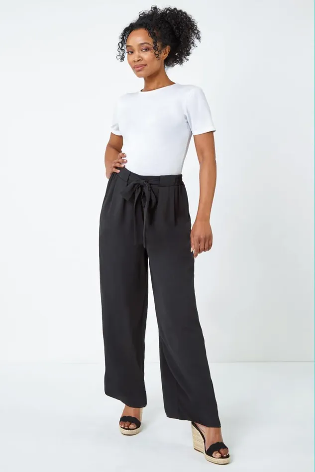 Black Petite Wide Leg Belted Trouser Women Roman Trousers