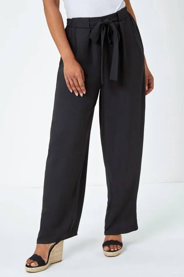 Black Petite Wide Leg Belted Trouser Women Roman Trousers