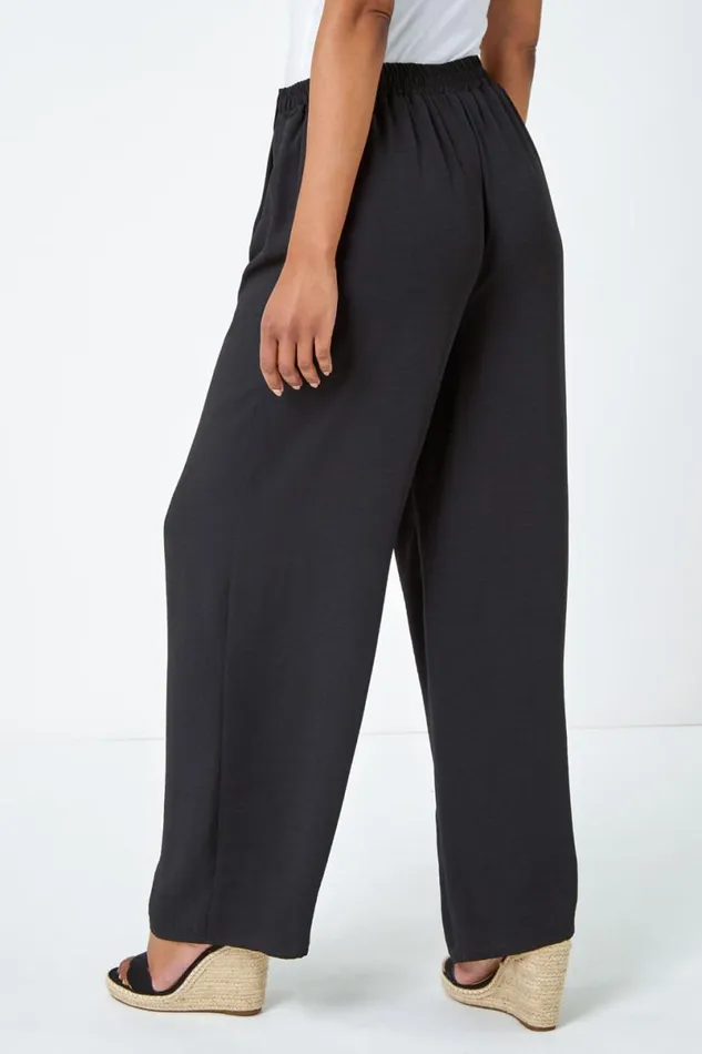 Black Petite Wide Leg Belted Trouser Women Roman Trousers