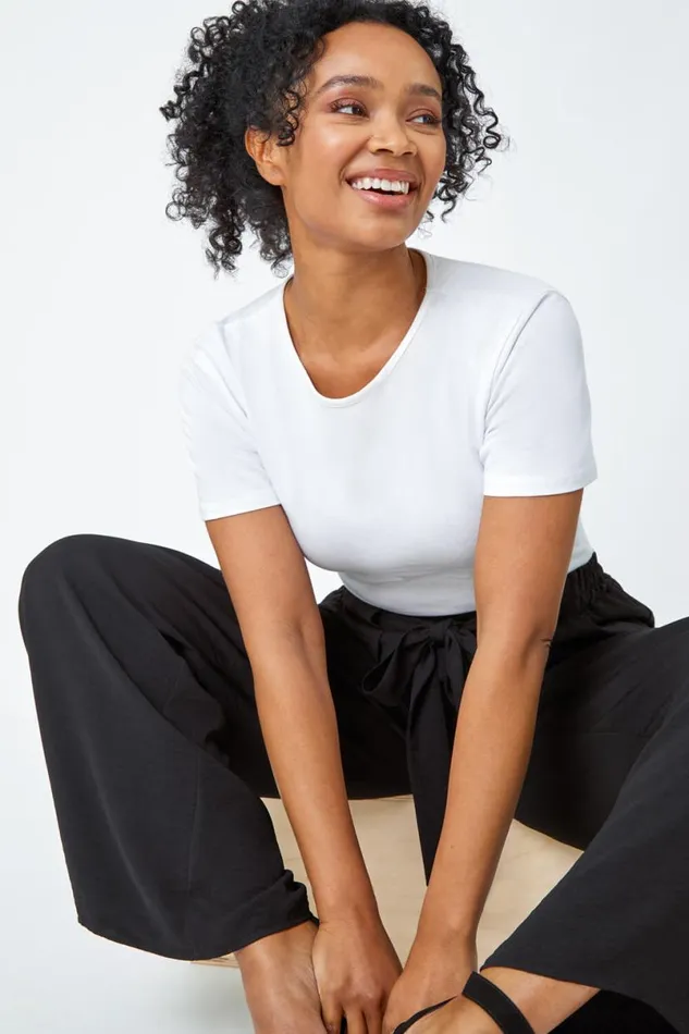 Black Petite Wide Leg Belted Trouser Women Roman Trousers