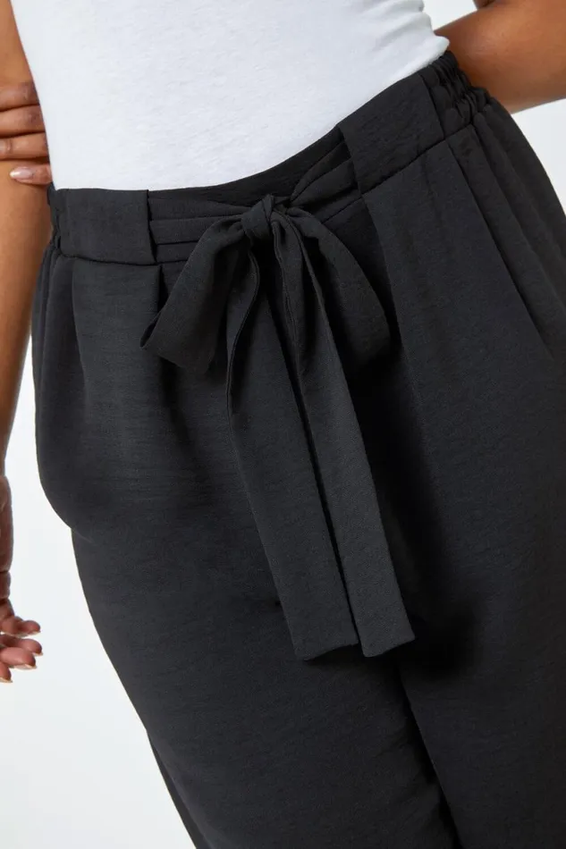 Black Petite Wide Leg Belted Trouser Women Roman Trousers