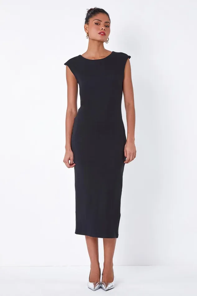 Black Plain Bodycon Stretch Jersey Midi Dress Women Roman Dresses