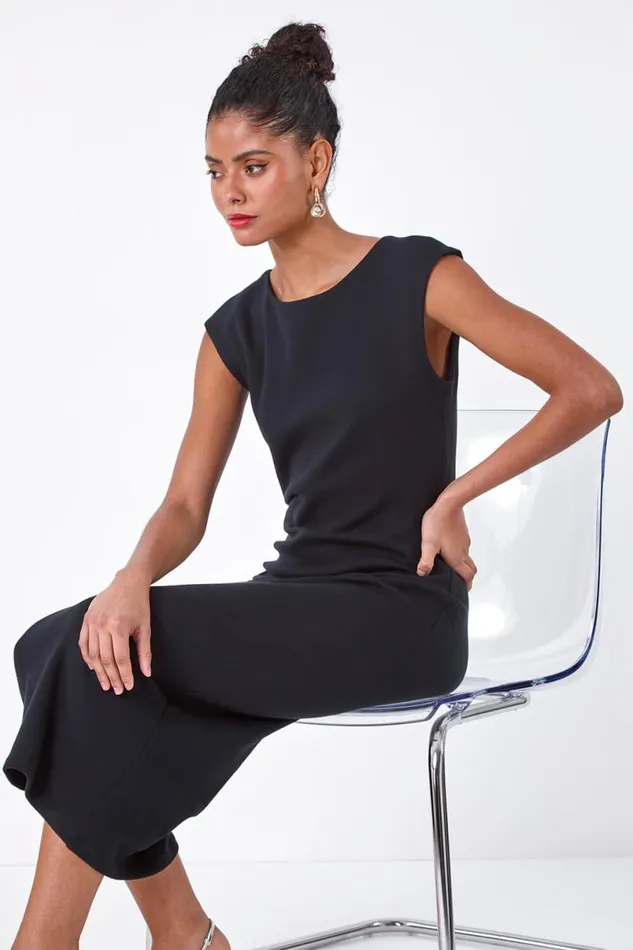 Black Plain Bodycon Stretch Jersey Midi Dress Women Roman Dresses