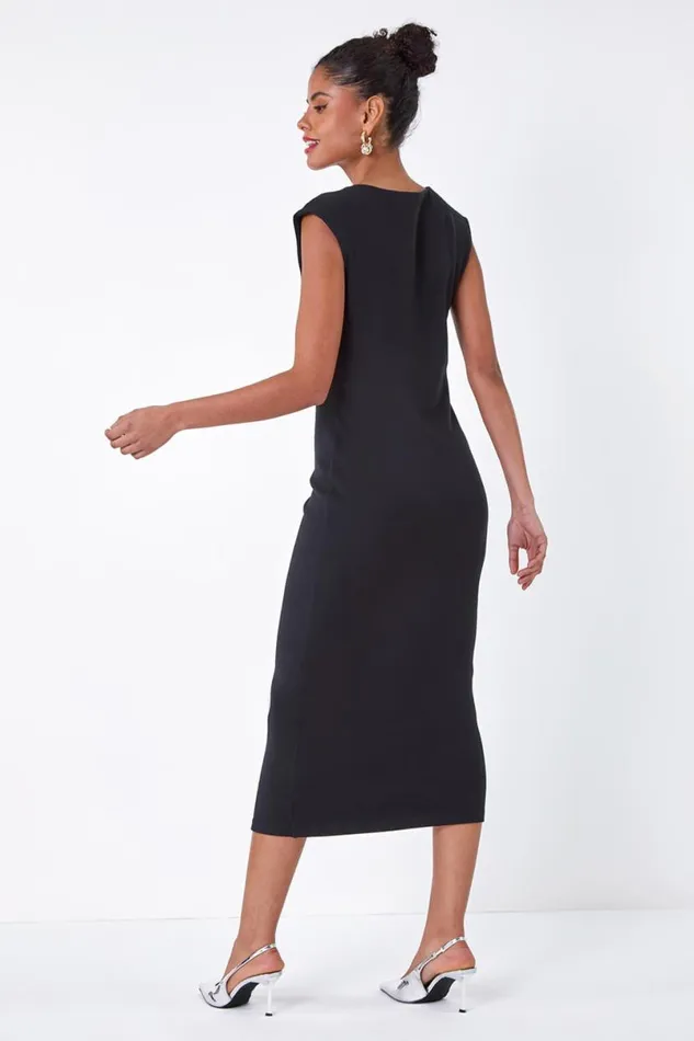 Black Plain Bodycon Stretch Jersey Midi Dress Women Roman Dresses