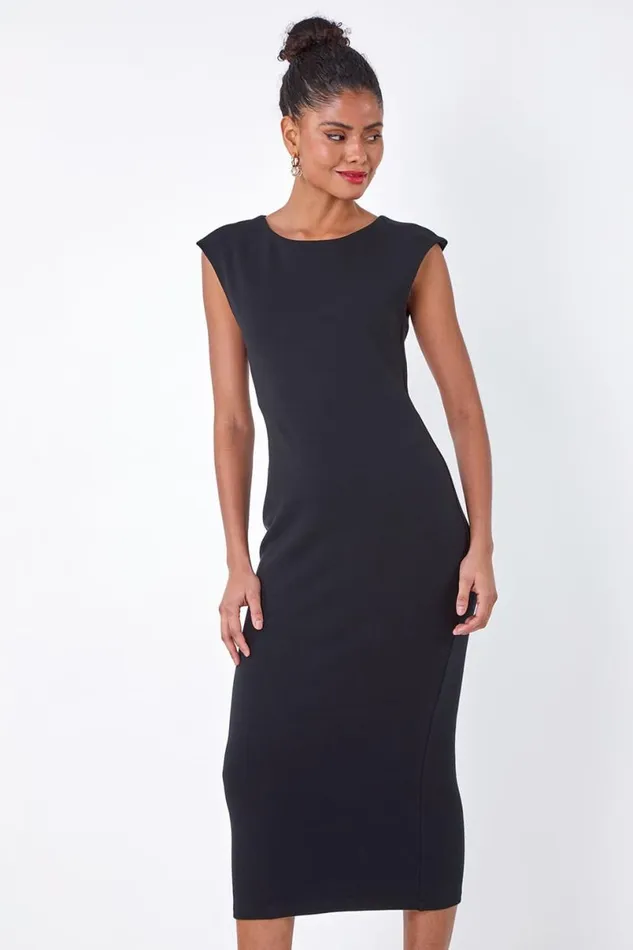Black Plain Bodycon Stretch Jersey Midi Dress Women Roman Dresses