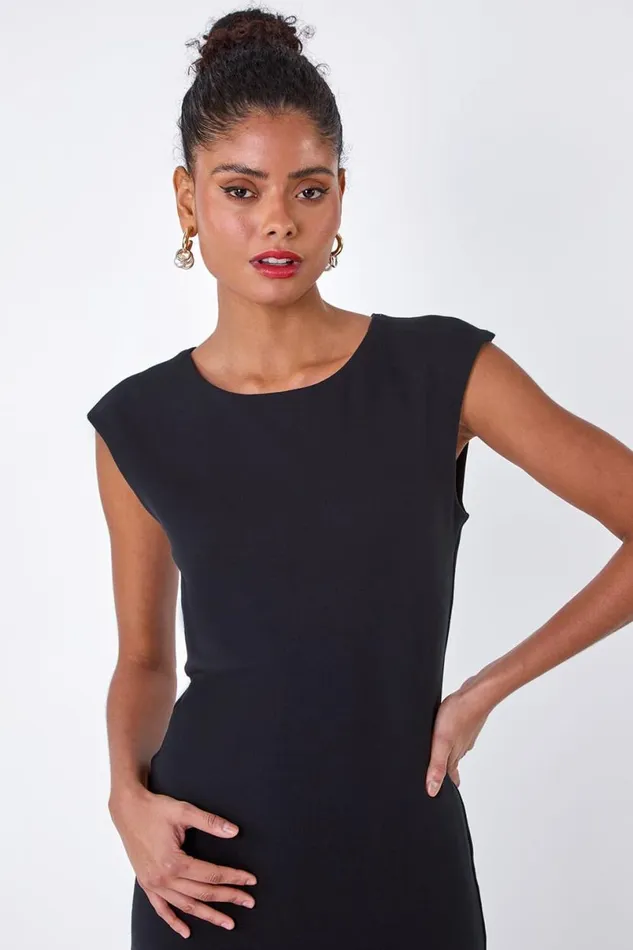 Black Plain Bodycon Stretch Jersey Midi Dress Women Roman Dresses