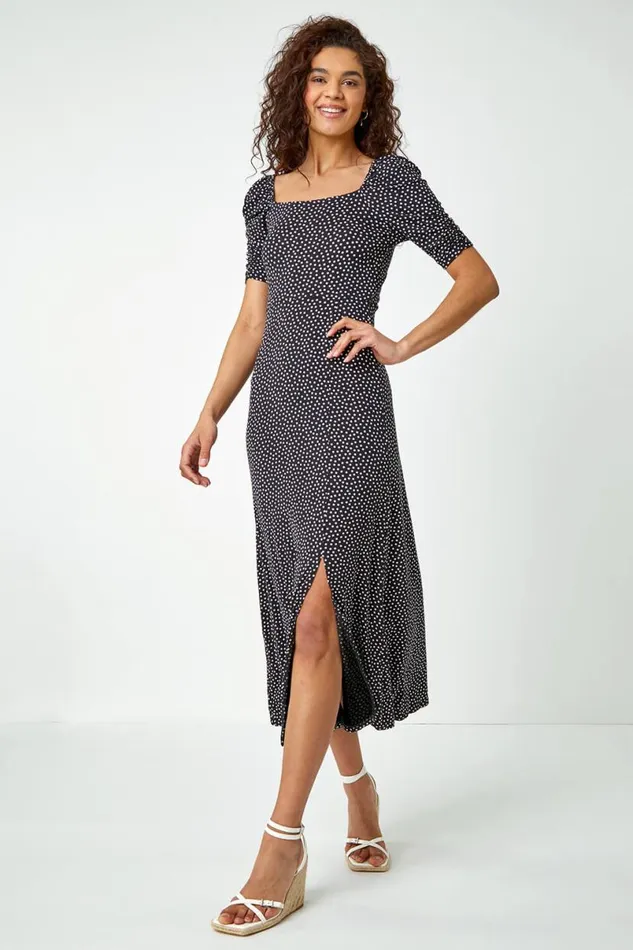 Black Polka Dot Print Midi Dress Women Roman Dresses