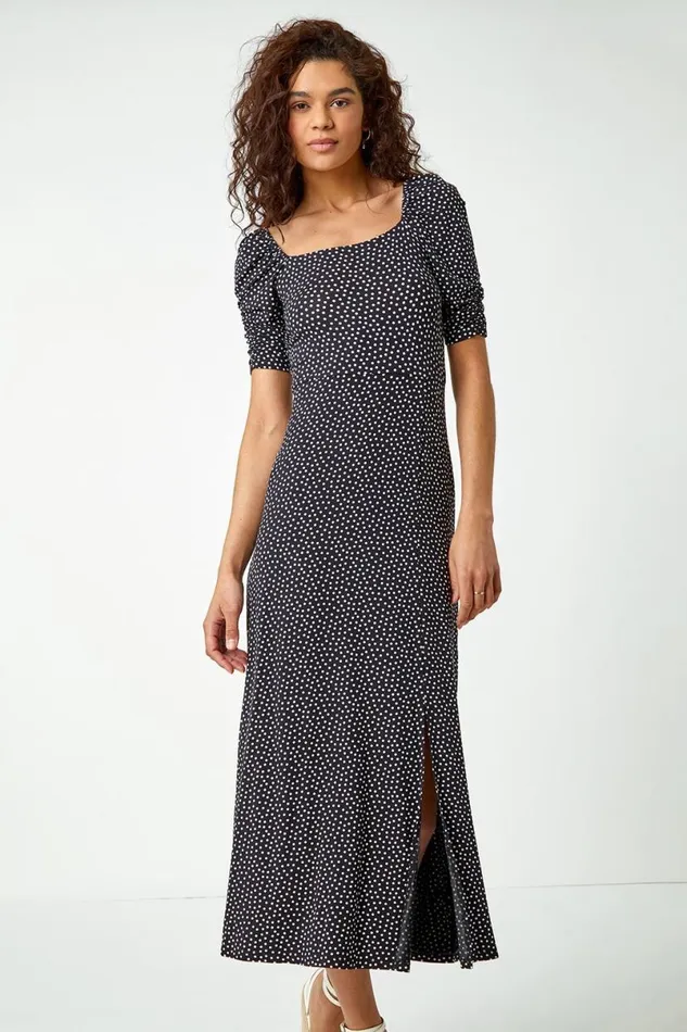 Black Polka Dot Print Midi Dress Women Roman Dresses