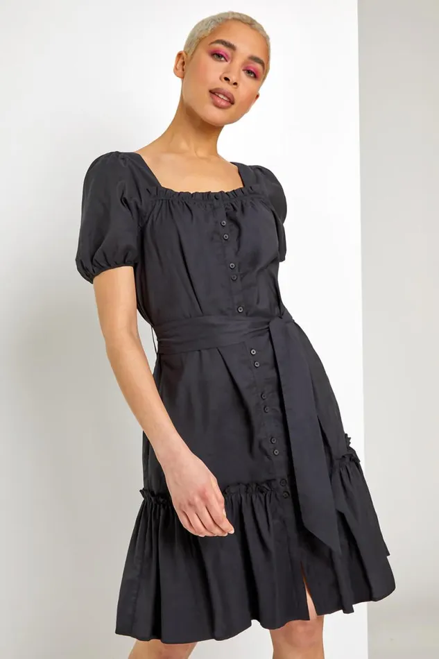 Black Puff Sleeve Tiered Square Neck Dress Women Roman Dresses