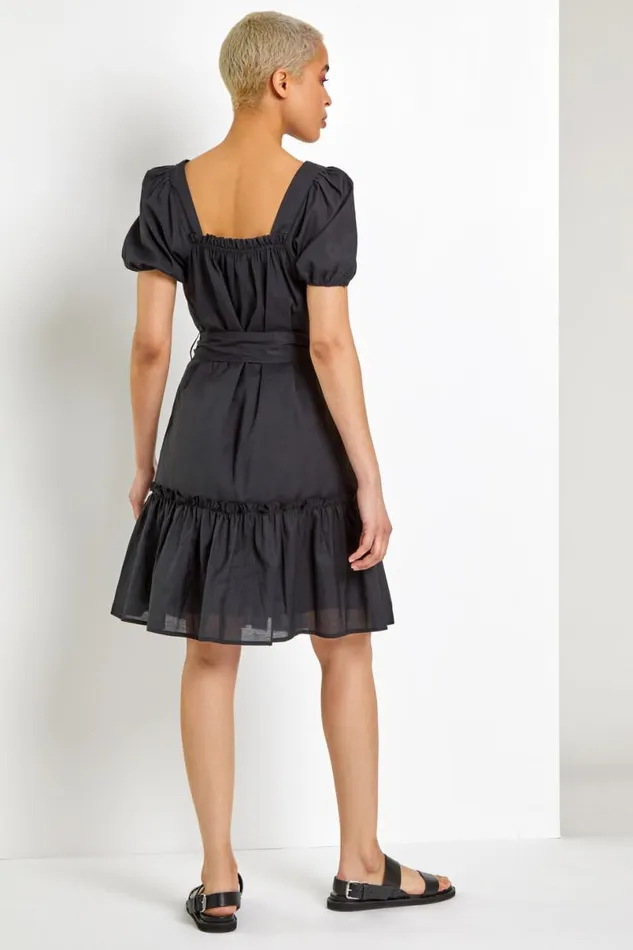 Black Puff Sleeve Tiered Square Neck Dress Women Roman Dresses