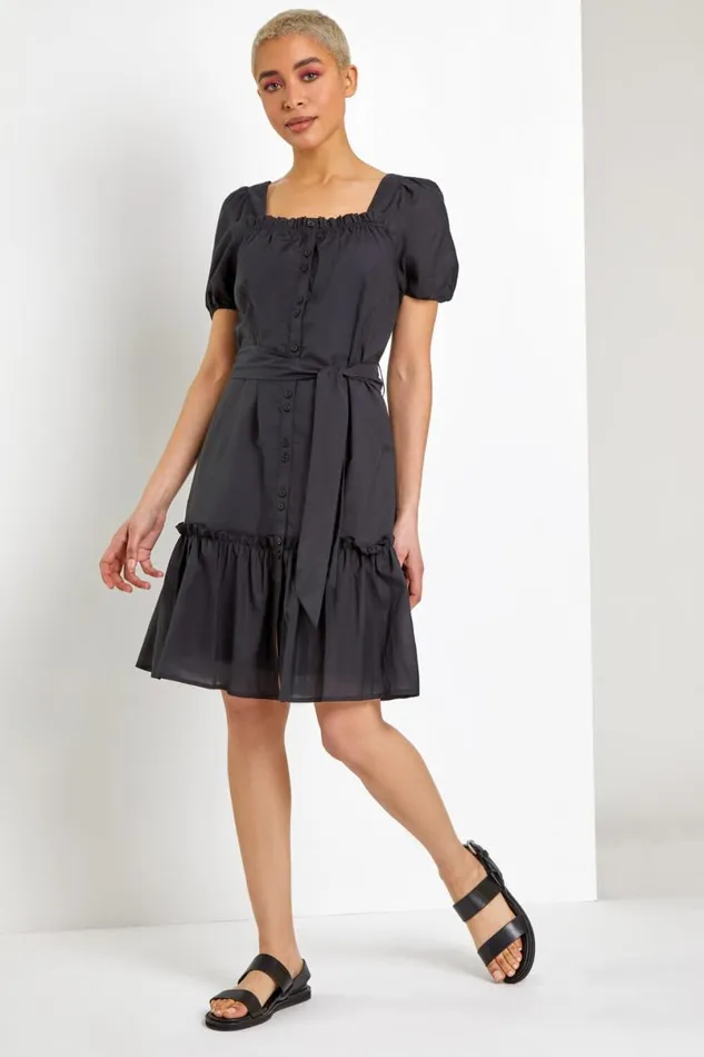 Black Puff Sleeve Tiered Square Neck Dress Women Roman Dresses
