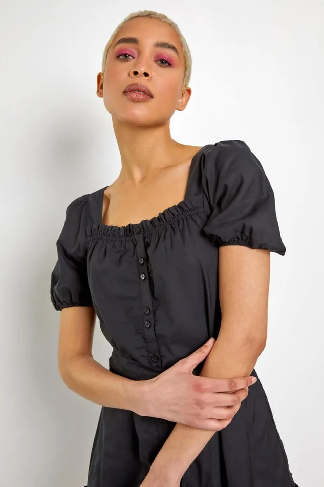 Black Puff Sleeve Tiered Square Neck Dress Women Roman Dresses