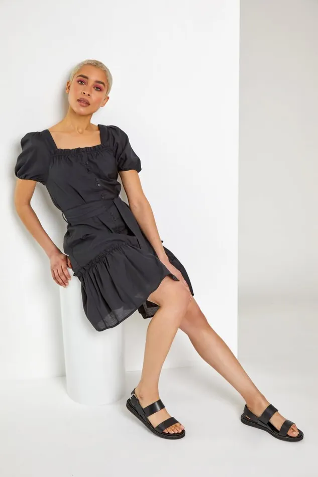 Black Puff Sleeve Tiered Square Neck Dress Women Roman Dresses