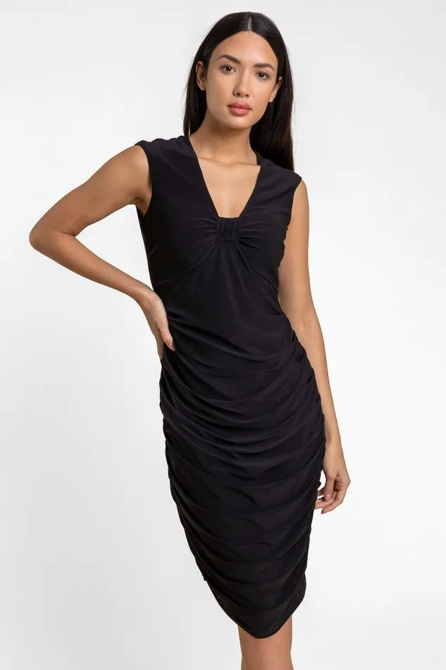 Black Ruched Knot Front Jersey Dress Women Roman Dresses