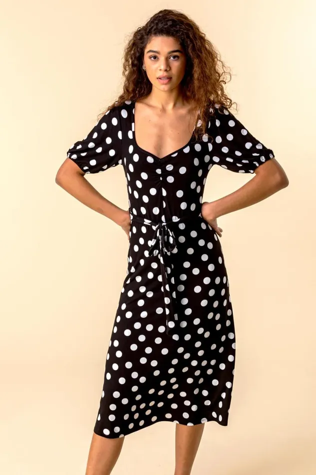 Black Ruched Neck Spot Print Midi Dress Women Roman Dresses