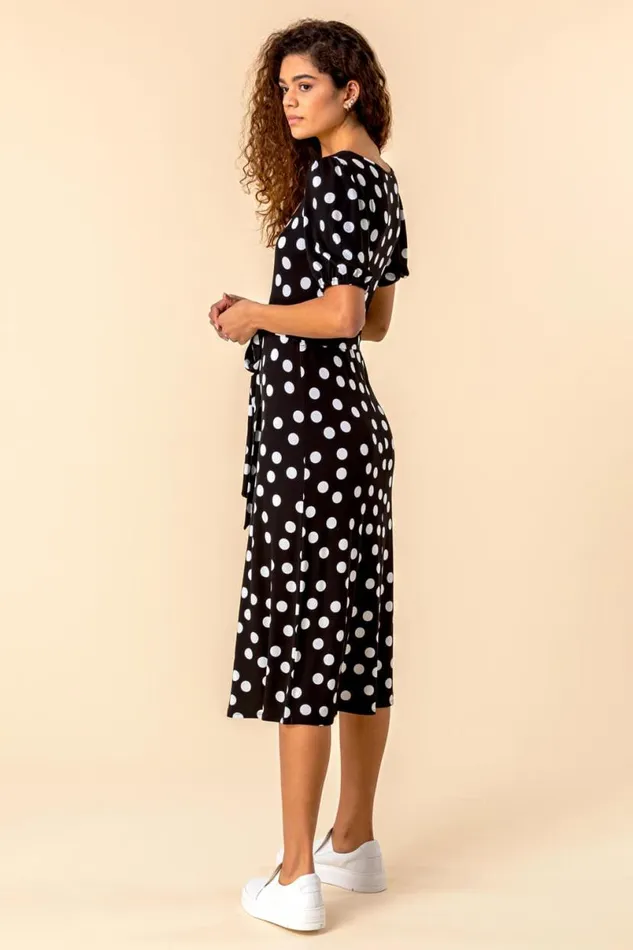 Black Ruched Neck Spot Print Midi Dress Women Roman Dresses