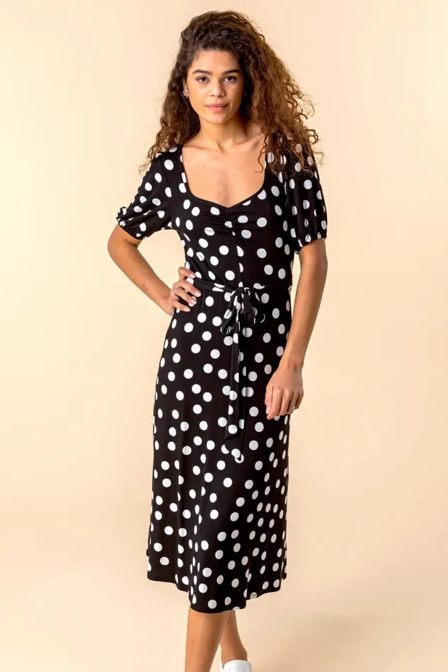 Black Ruched Neck Spot Print Midi Dress Women Roman Dresses