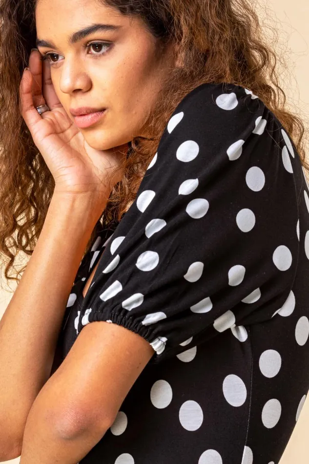 Black Ruched Neck Spot Print Midi Dress Women Roman Dresses