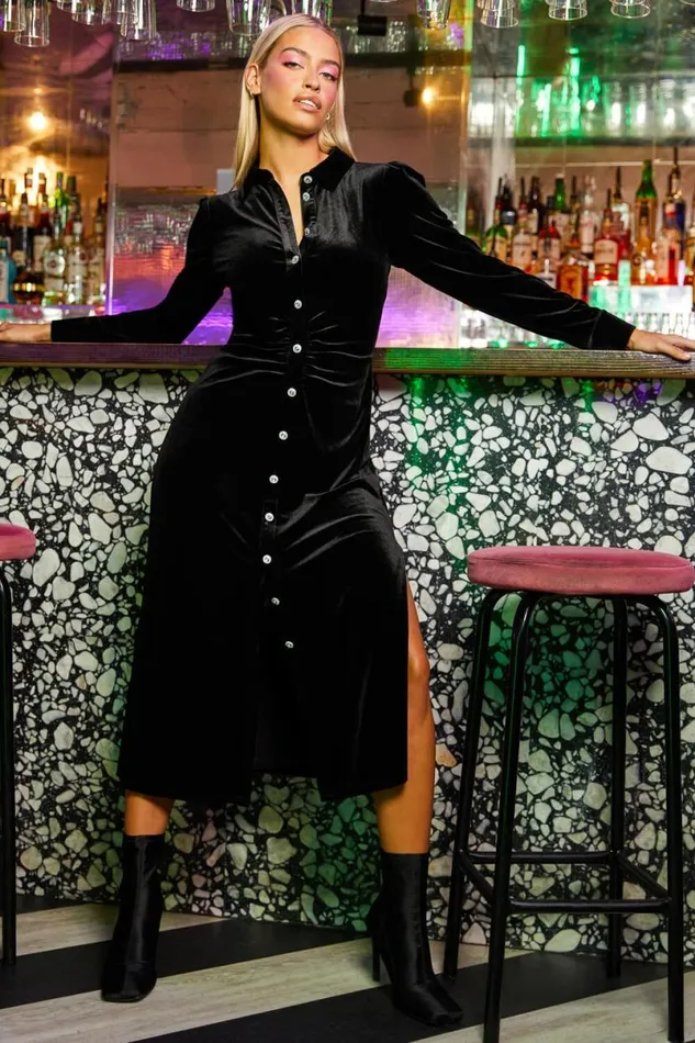 Black Ruched Velvet Midi Stretch Dress Women Roman Dresses