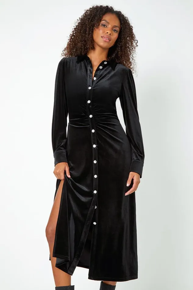 Black Ruched Velvet Midi Stretch Dress Women Roman Dresses