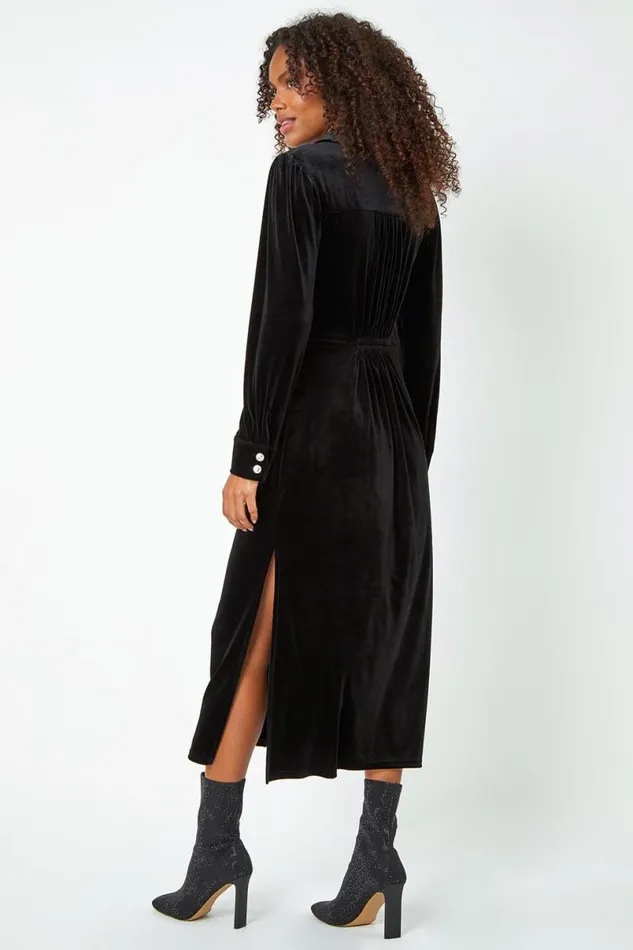 Black Ruched Velvet Midi Stretch Dress Women Roman Dresses