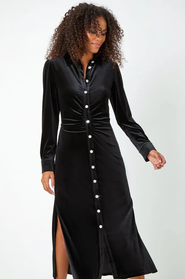 Black Ruched Velvet Midi Stretch Dress Women Roman Dresses