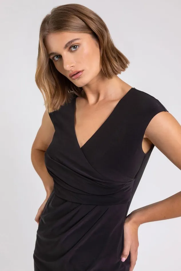 Black Ruched Waist Wrap Dress Women Roman Dresses