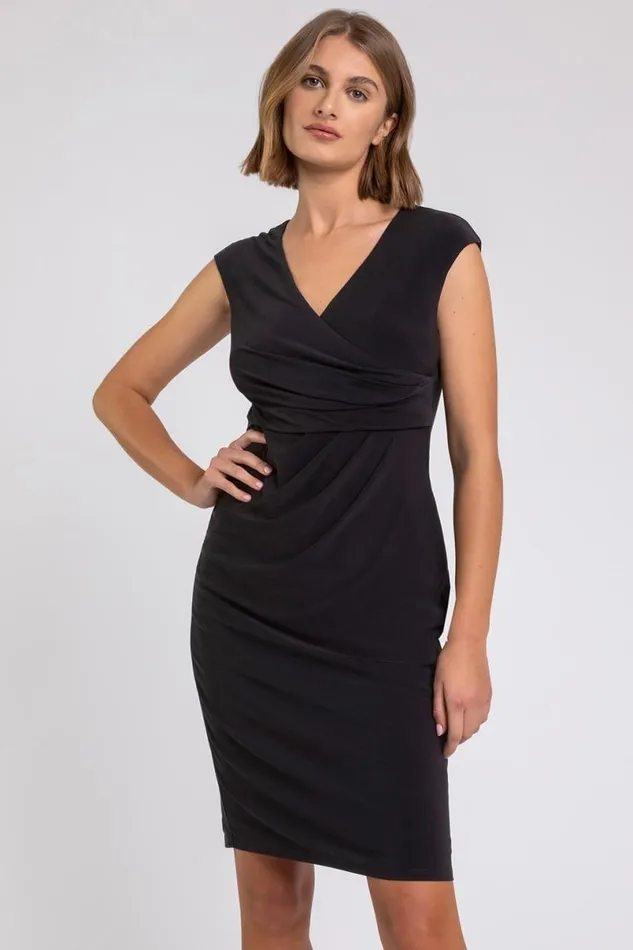 Black Ruched Waist Wrap Dress Women Roman Dresses