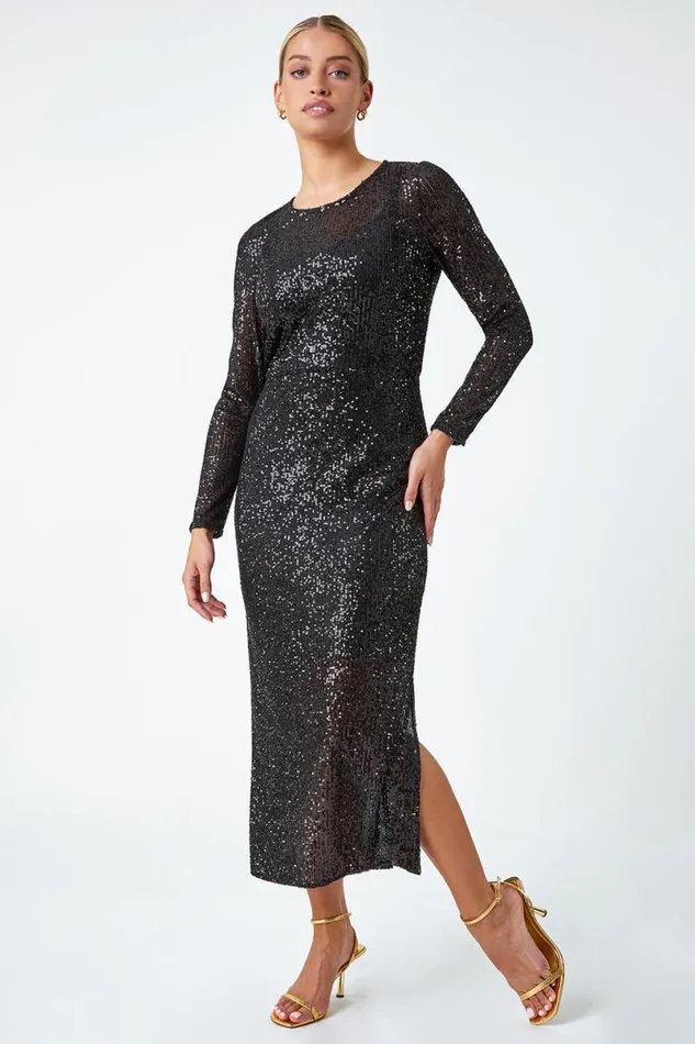 Black Sequin Embellished Midi Stretch Dress Women Roman Dresses