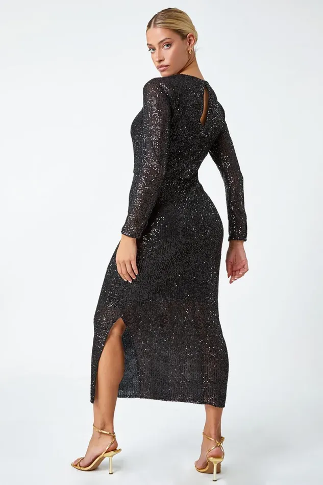 Black Sequin Embellished Midi Stretch Dress Women Roman Dresses