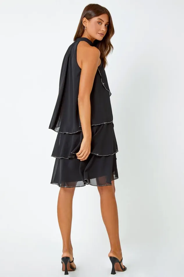 Black Sequin Trim Tiered Halterneck Dress Women Roman Dresses