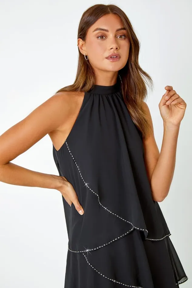 Black Sequin Trim Tiered Halterneck Dress Women Roman Dresses