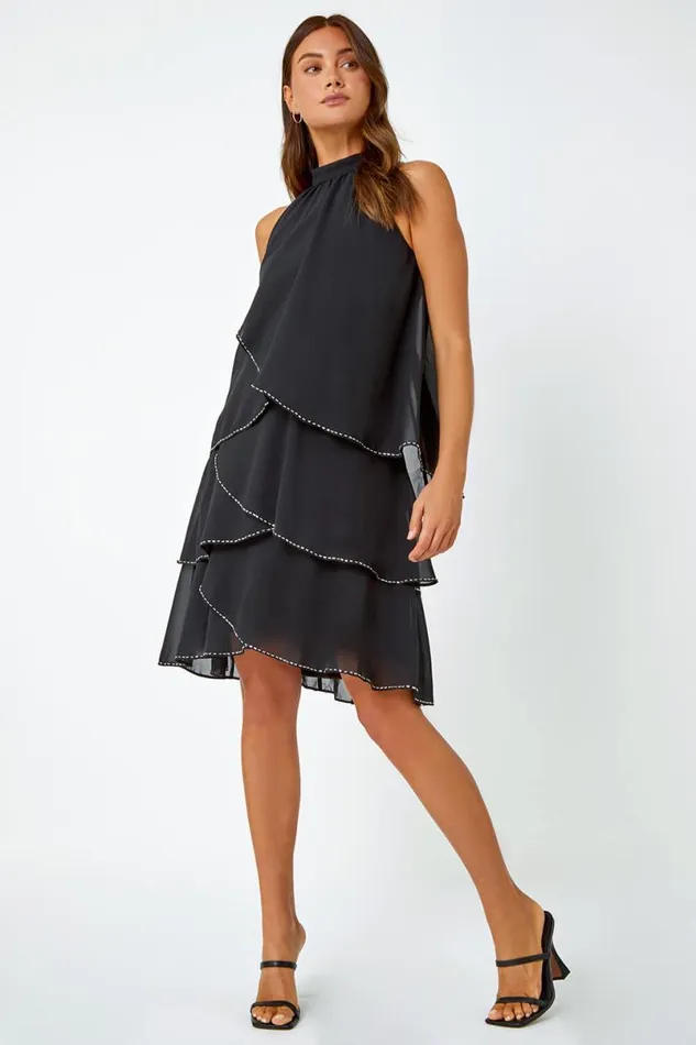 Black Sequin Trim Tiered Halterneck Dress Women Roman Dresses
