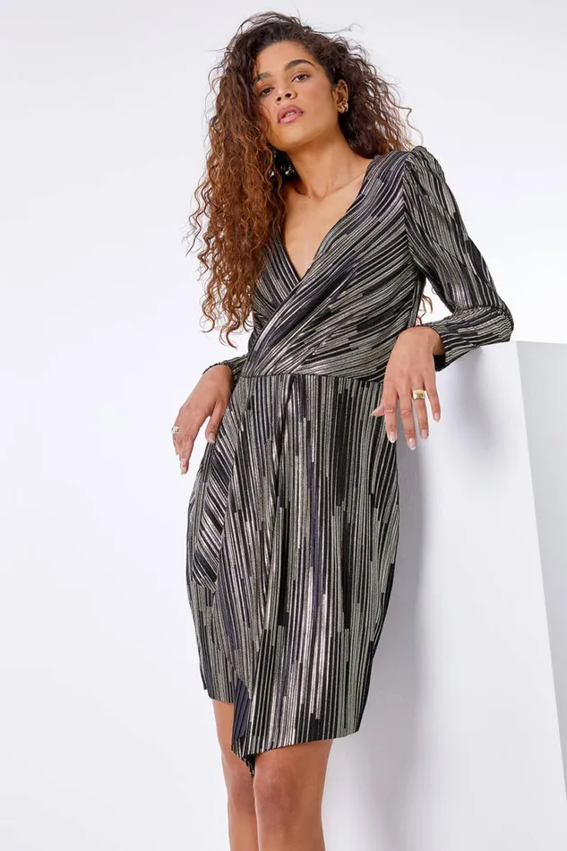 Black Shimmer Plisse Wrap Dress Women Roman Dresses
