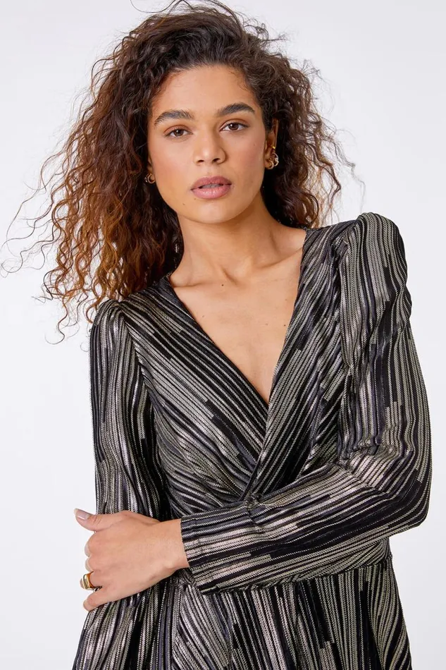 Black Shimmer Plisse Wrap Dress Women Roman Dresses