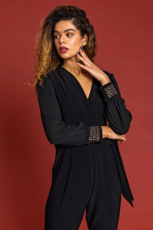 Black Sparkle Embellished Cuff Wrap Jumpsuit Women Roman Dresses