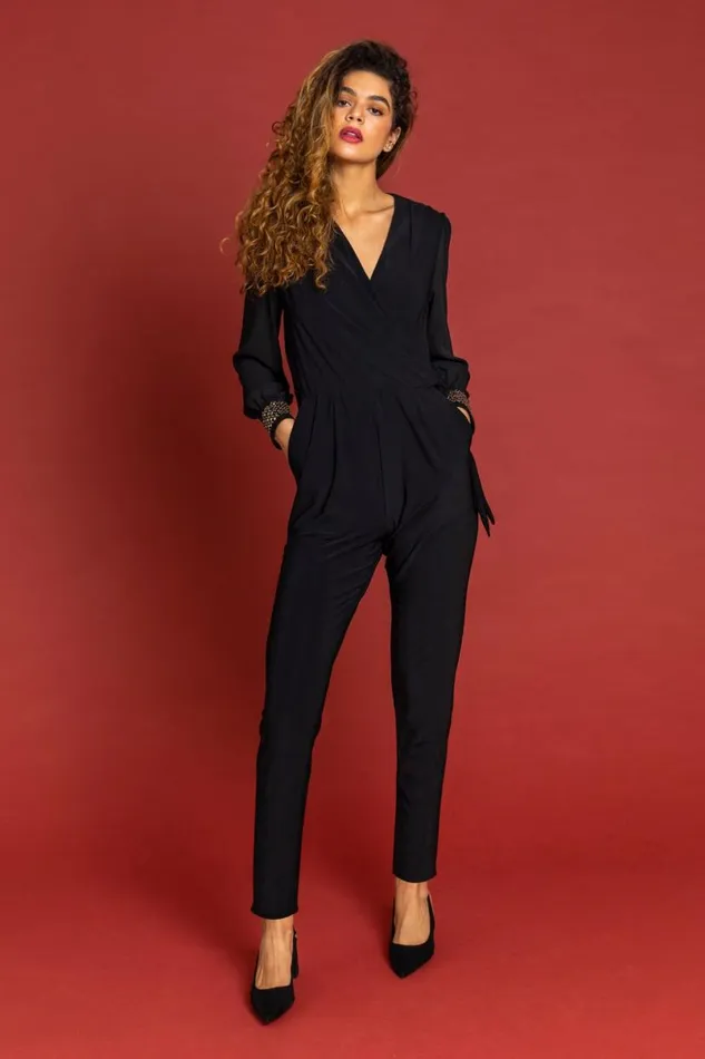 Black Sparkle Embellished Cuff Wrap Jumpsuit Women Roman Dresses