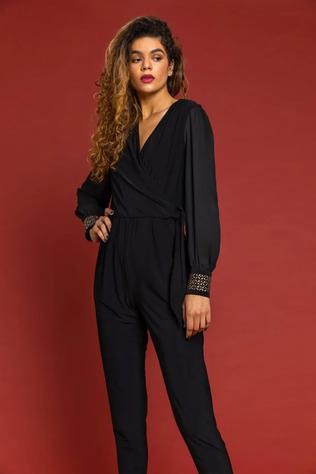 Black Sparkle Embellished Cuff Wrap Jumpsuit Women Roman Dresses