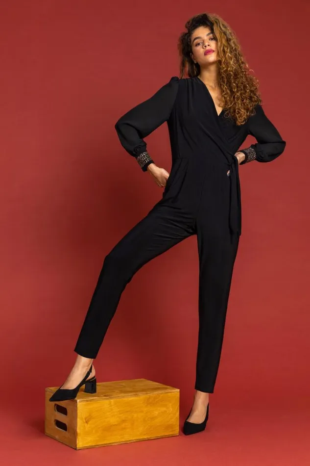 Black Sparkle Embellished Cuff Wrap Jumpsuit Women Roman Dresses