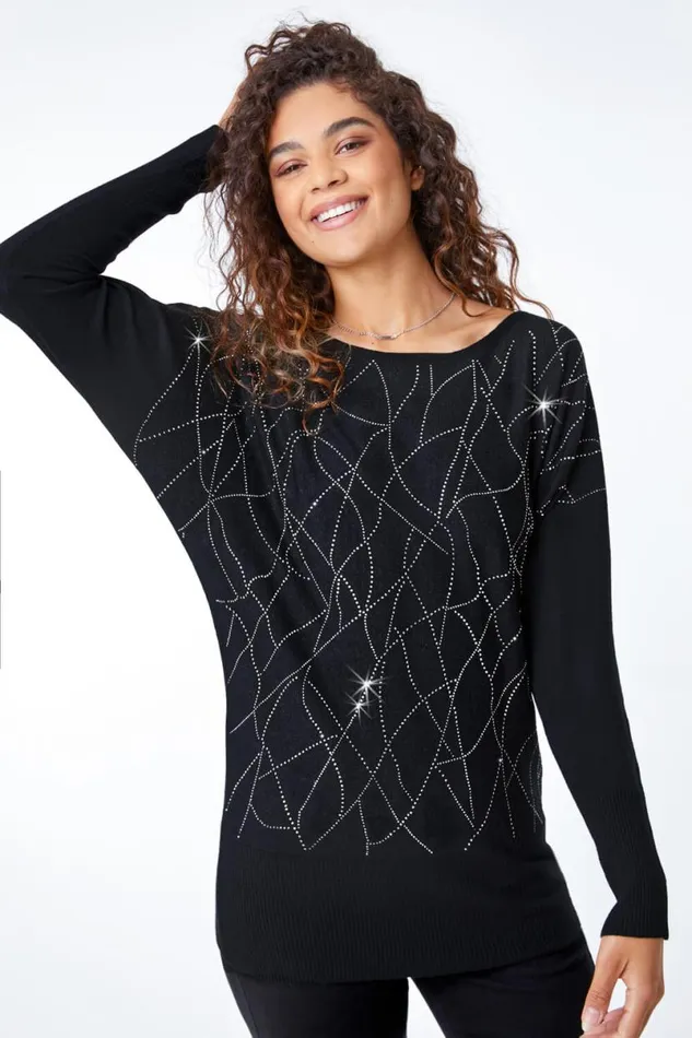 Black Sparkle Embellished Linear Jumper Women Roman Knitwear
