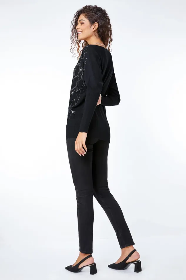 Black Sparkle Embellished Linear Jumper Women Roman Knitwear