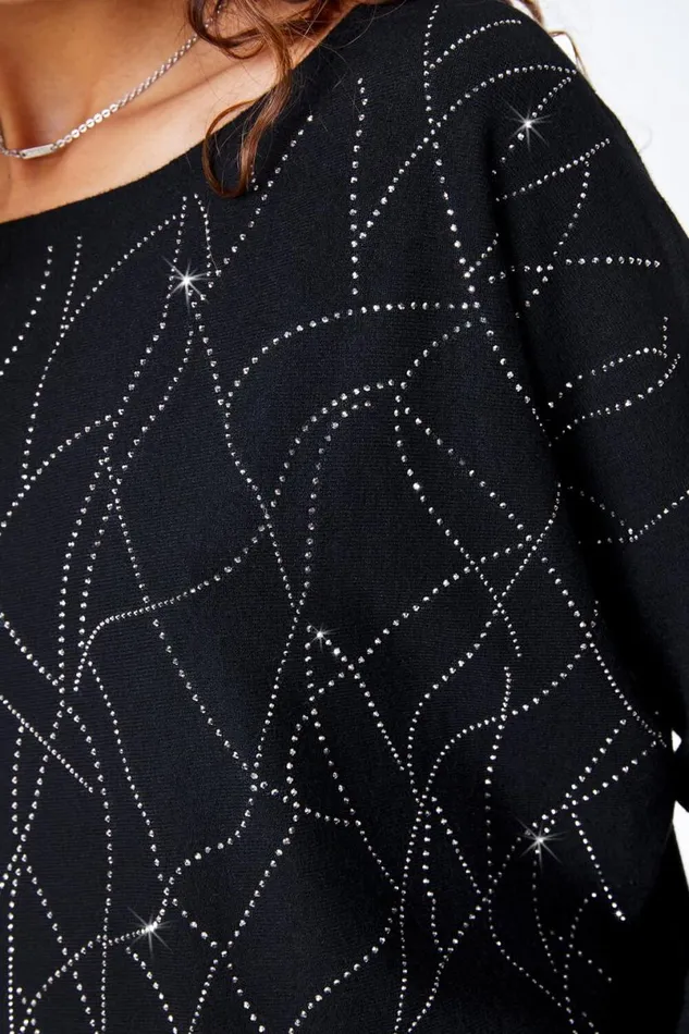 Black Sparkle Embellished Linear Jumper Women Roman Knitwear