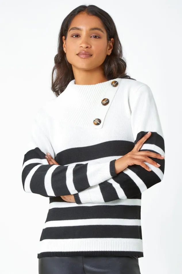 Black Split Neck Striped Button Jumper Women Roman Knitwear